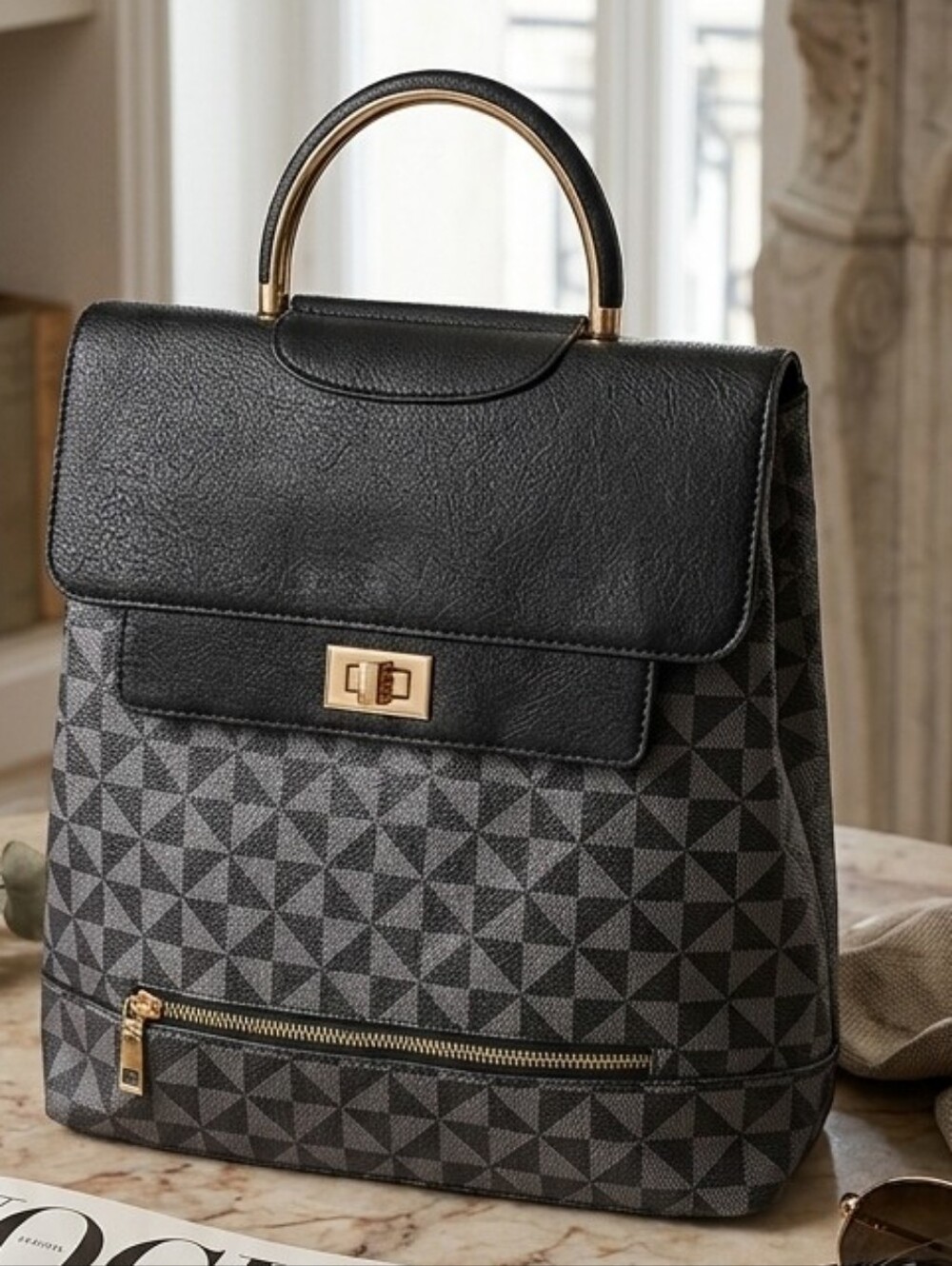 Stylish Black Monogram Women's Black Colorblock Backpack Purse